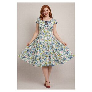 HEARTS & ROSES Floral Cap Sleeve Pinup Swing Dress 50's Inspired White/Royal 12